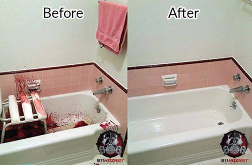 Suicide clean up in San Francisco, before and after cleaning a bath tub