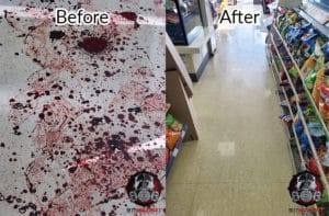 Blood clean up in Oakland, CA, convenience store floor, before and after