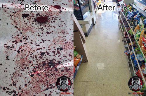 Blood cleanup in Oakland, CA, before and after cleaning blood on a floor