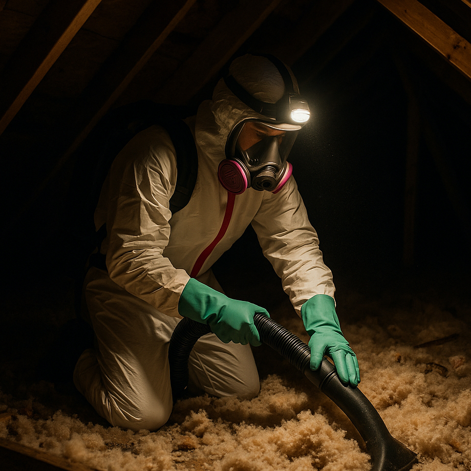 Technician Performing Attic Insulation Cleanup From Rodents in Sacramento and West Sacramento, California