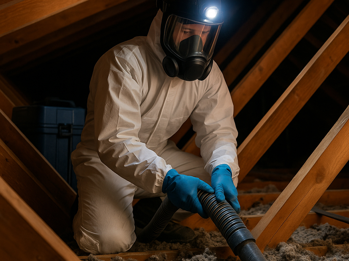 911 Hazmat Cleanup Technician Performing Attic Insulation Decontamination in Sacramento, CA House