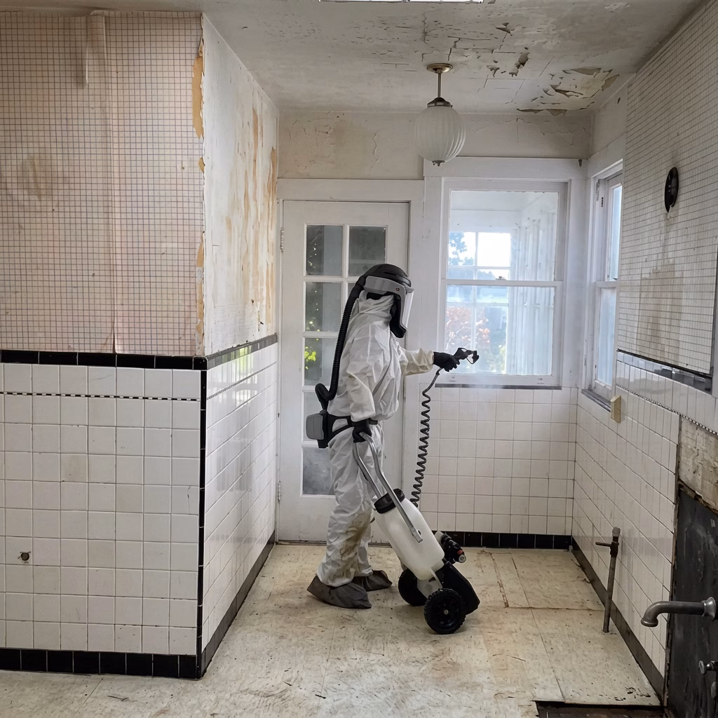 Technician disinfecting an abandoned property during a distressed property cleanup in Santa Rosa, CA