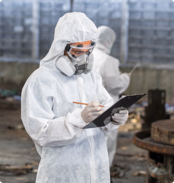 911 Hazmat Cleanup technician documenting compliance during biohazard cleanup