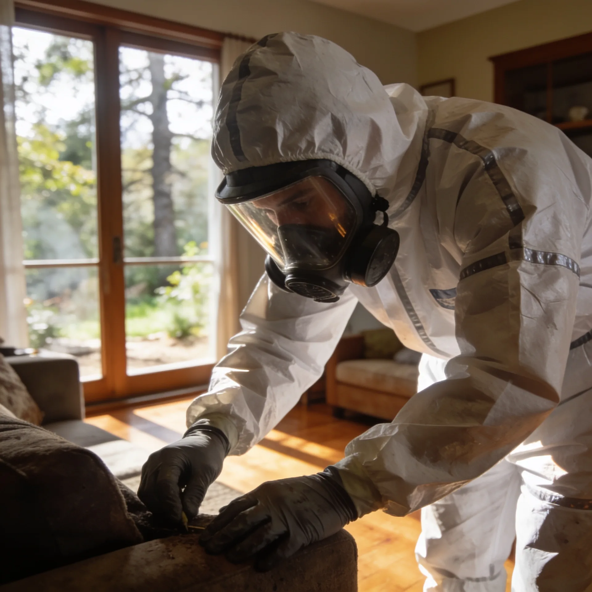 PPE-suited technician performing biohazard cleanup on furniture in Modesto, CA